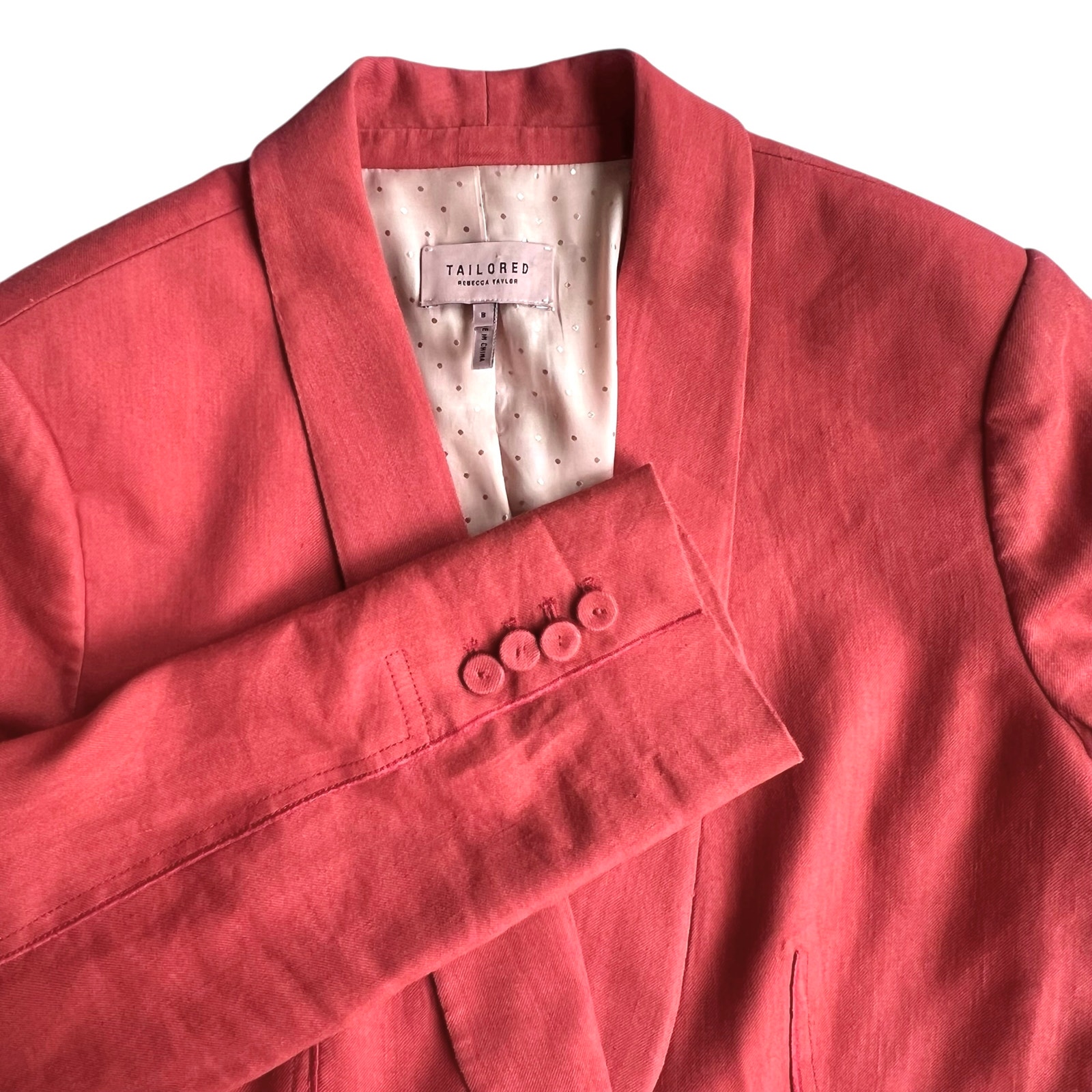 Rebecca Taylor Tailored Linen Blend Blazer Coral Polka Dot Lining 8 Retail $425